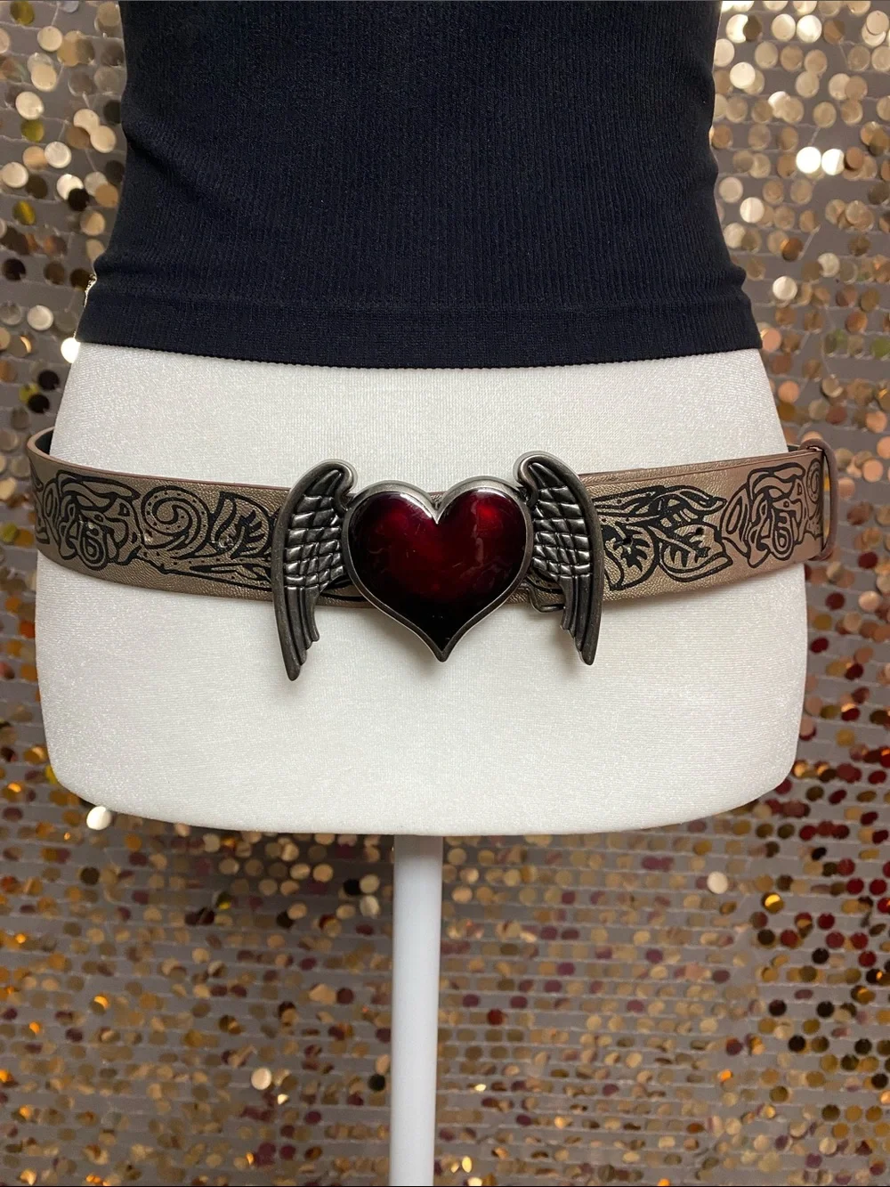 Gold and black belt with red heart and silver wings buckle #477